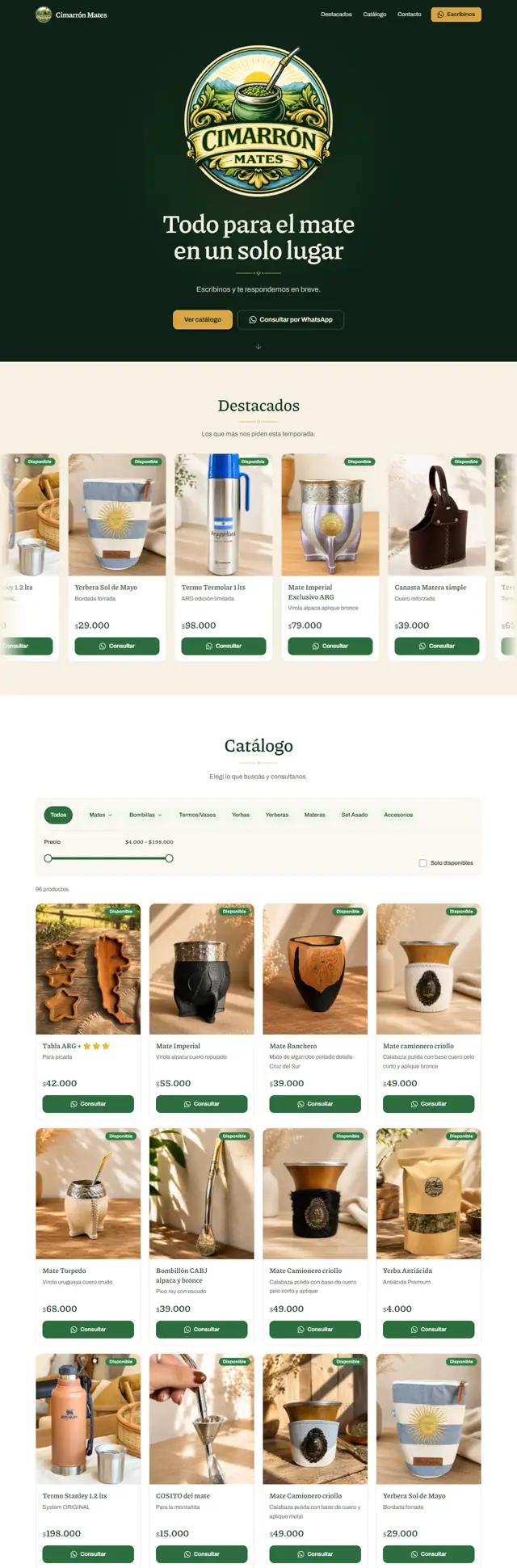 Inicio del catálogo web de Cimarrón Mates